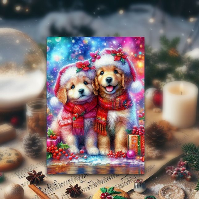 Colorful Festive Christmas Puppies Christian  Holiday Card (Creator Uploaded)