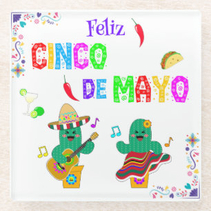 Colorful Festive Cinco de Mayo 2025 Dancing Cactus Glass Coaster