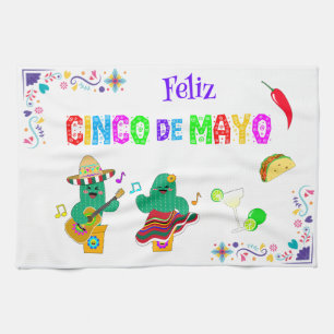 Colorful Festive Cinco de Mayo 2025 Dancing Cactus Kitchen Towel