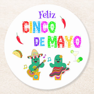 Colorful Festive Cinco de Mayo 2025 Dancing Cactus Round Paper Coaster