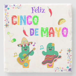 Colorful Festive Cinco de Mayo 2025 Dancing Cactus Stone Coaster