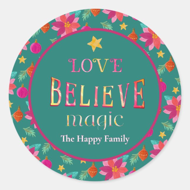Colorful Festive Floral Believe Christmas  Classic Round Sticker (Front)
