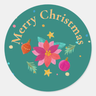 Colorful Festive Floral Green Pink Christmas Classic Round Sticker