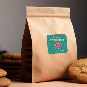 Colorful Festive Floral Green Pink Christmas Square Sticker