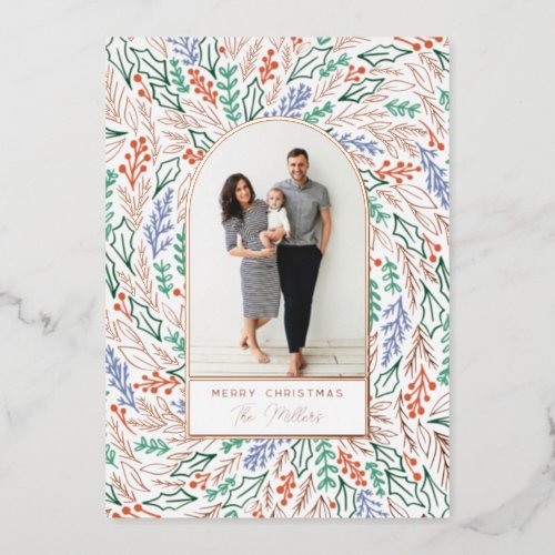 Colorful Festive Floral Photo Arch Christmas Foil Holiday Card