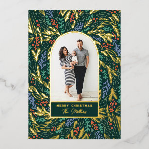Colorful Festive Floral Photo Arch Christmas Foil Holiday Card
