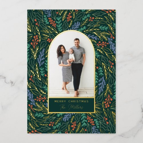 Colorful Festive Floral Photo Arch Christmas Foil Holiday Card