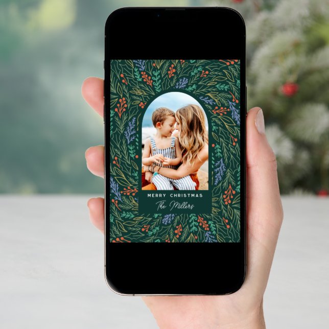 Colorful Festive Floral Photo Arch Christmas Holiday Card (Front Digital)