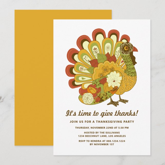 Colorful Festive Floral Turkey Thanksgiving Dinner Invitation (Front/Back)
