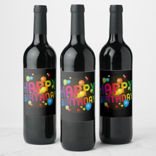 Colorful Festive Happy Birthday  Wine Label