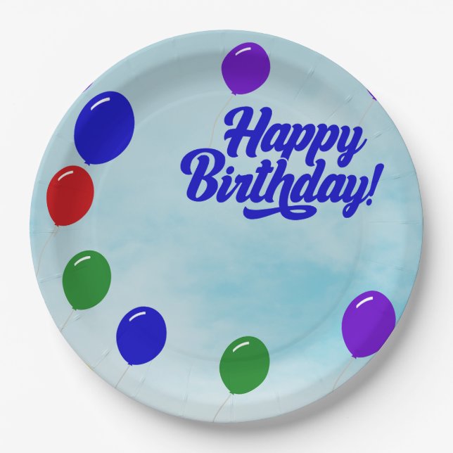 Colorful festive Happy birthday with balloons  Paper Plates (Front)