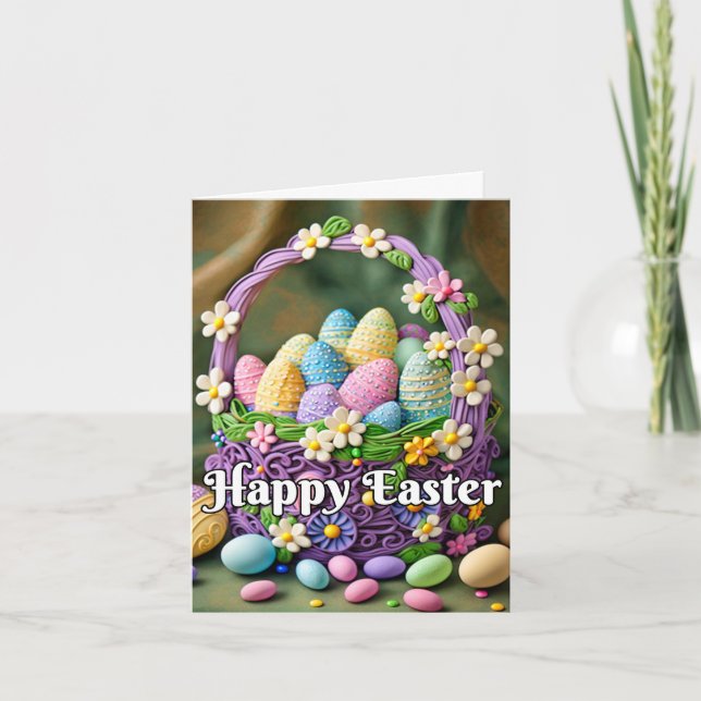 Colorful Festive Happy Easter Basket Holiday Card (Front)