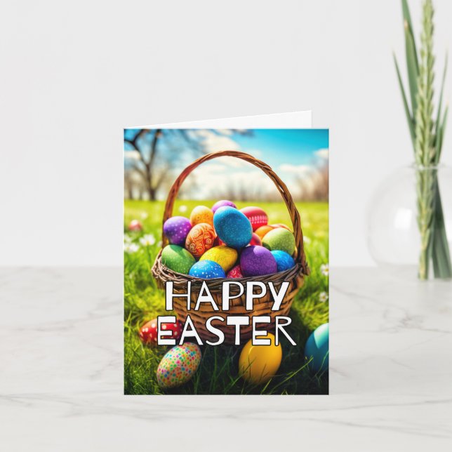 Colorful Festive Happy Easter Basket Holiday Card (Front)