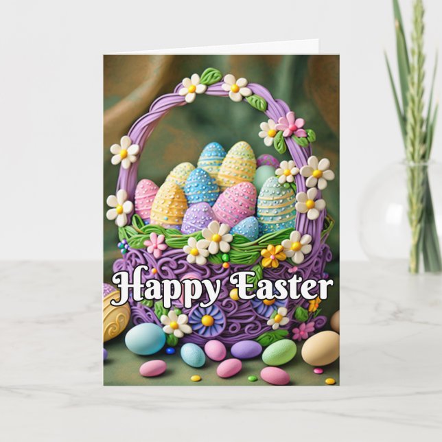 Colorful Festive Happy Easter Basket Holiday Card (Front)