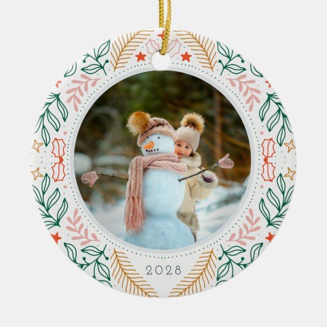 Colorful Festive Holiday Photo Ceramic Ornament (Front)
