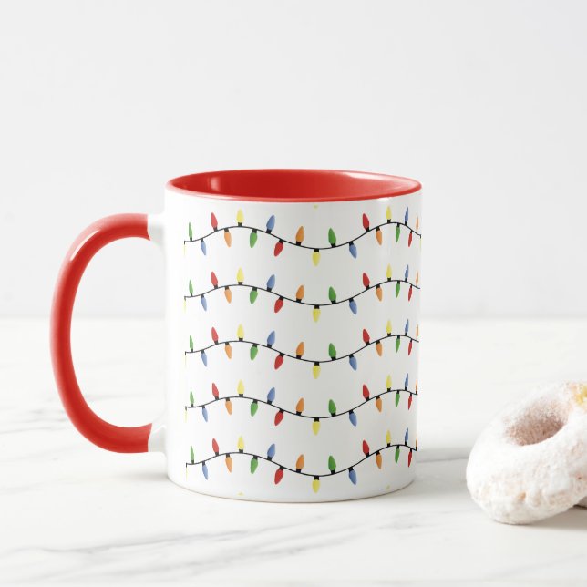 Colorful Festive Holiday Tree Lights Art Pattern Mug (With Donut)