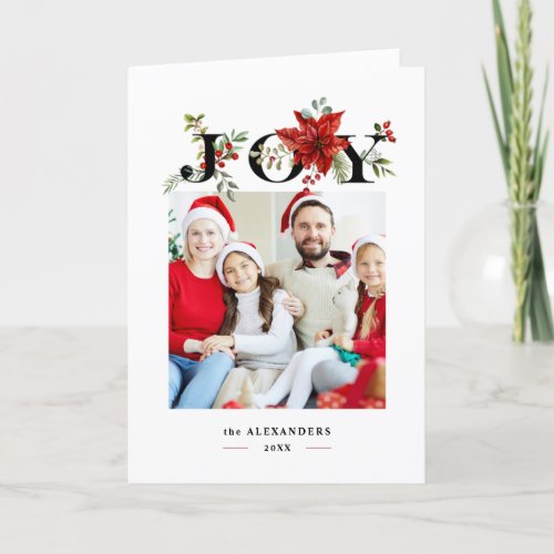 Colorful Festive Joy wPoinsettias and Berries Holiday Card