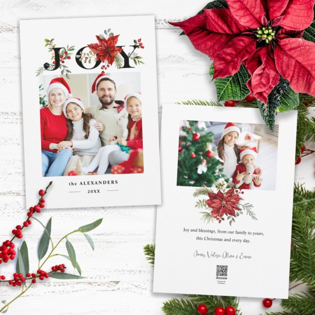 Colorful Festive Joy w/Poinsettias and Berries Holiday Card (Creator Uploaded)