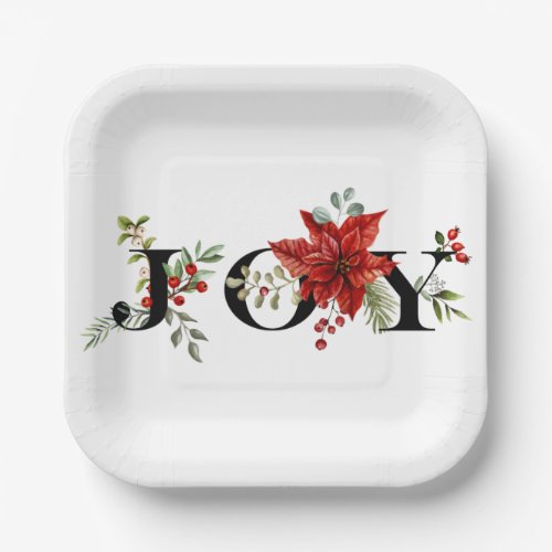 Colorful Festive Joy wPoinsettias and Berries Paper Plates