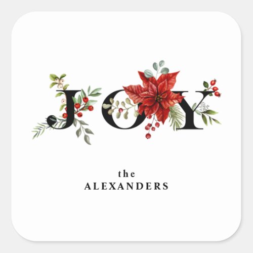 Colorful Festive Joy wPoinsettias and Berries Square Sticker