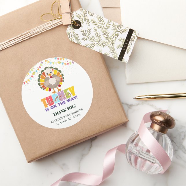 Colorful Festive Little Turkey Baby Shower Classic Round Sticker (Gifting)