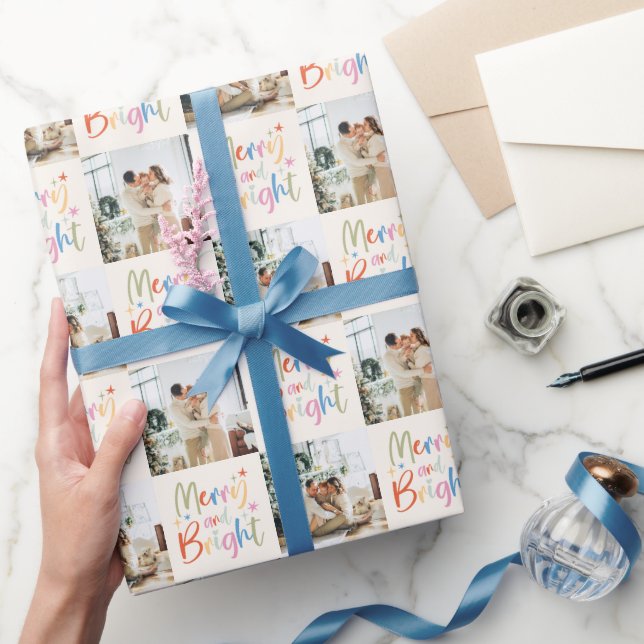 Colorful Festive Merry and Bright Photo Christmas Wrapping Paper (Gifting)
