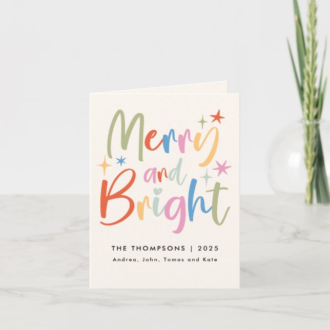 Colorful Festive Merry & Bright 3 Photo Christmas Holiday Card (Front)