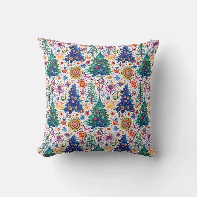 Colorful Festive Tree Pattern Throw Pillow (Front)
