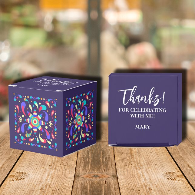 Colorful Fiesta Birthday Blue Favor Boxes (2" square colorful fiesta blue favor boxes, your message on the top.)