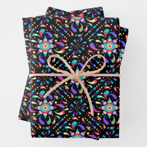 Colorful Fiesta Black Wrapping Paper Sheets