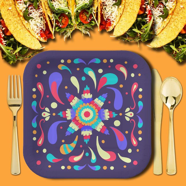 Colorful Fiesta Blue Paper Plates (Colorful Mexican Fiesta Pinata Blue Square Paper Plates)