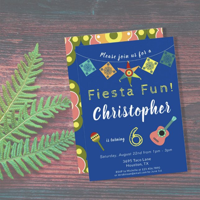 Colorful Fiesta Boys Birthday Party Invitation (FIESTA FUN BLUE BIRTHDAY INVITATION)