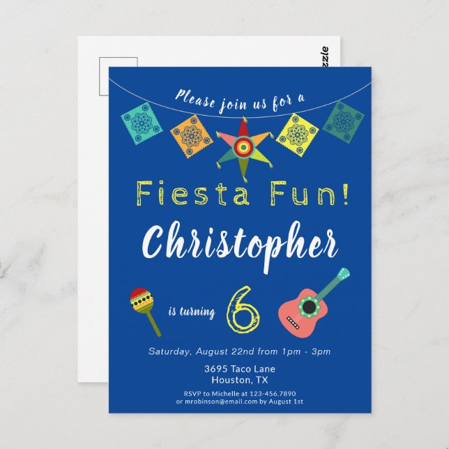 Colorful Fiesta Boys Birthday Party Invitation Postcard (Front/Back)