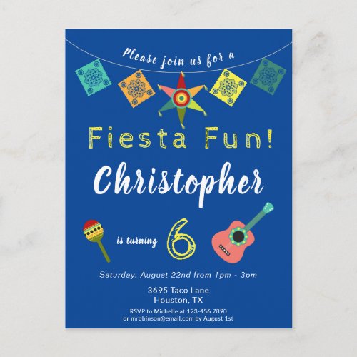 Colorful Fiesta Boys Birthday Party Invitation Postcard