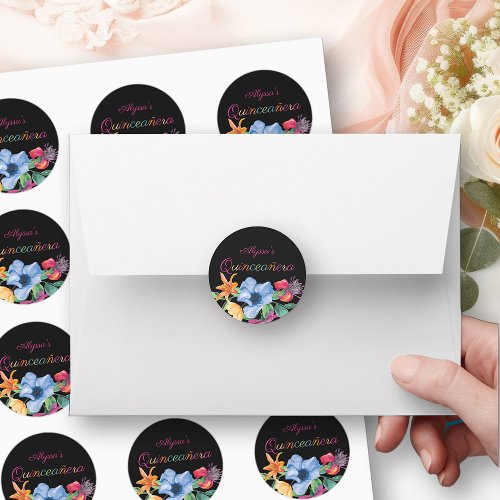 Colorful Fiesta Flowers Black Floral Quinceanera Classic Round Sticker