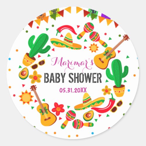 Colorful Fiesta Mexican Culture Cactus Baby Shower Classic Round Sticker