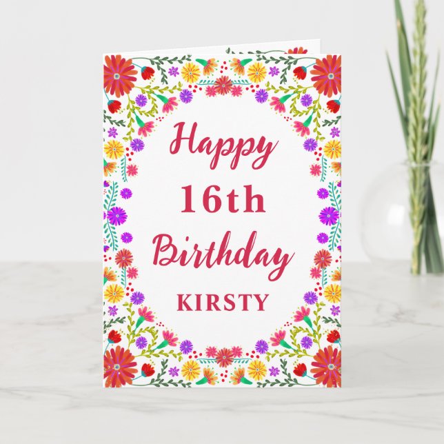 Colorful Fiesta Mexican Floral Frame 16th Birthday Card (Front)