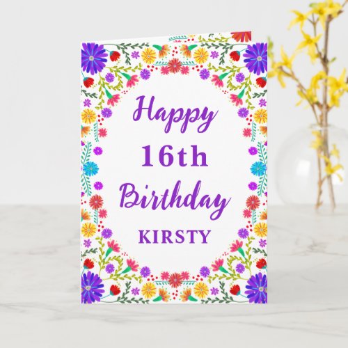 Colorful Fiesta Mexican Floral Frame 16th Birthday Card