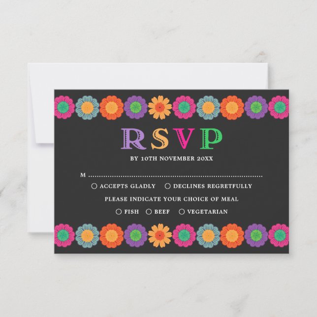 Colorful Fiesta Mexican Flowers Wedding RSVP Card (Front)