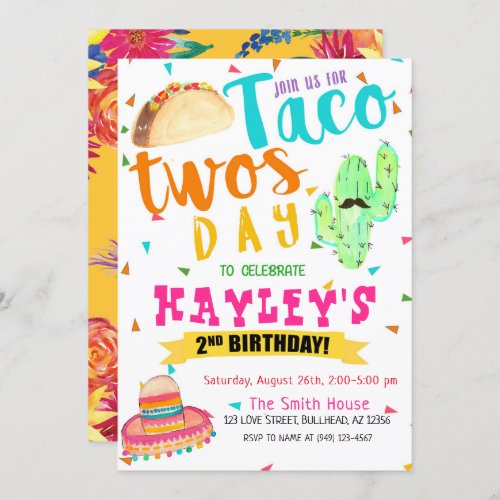 Colorful Fiesta Taco TWO_sday Party 2nd Birthday Invitation