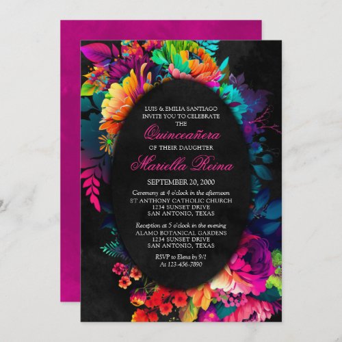 Colorful Fiesta Watercolor Floral Quinceaera Invitation