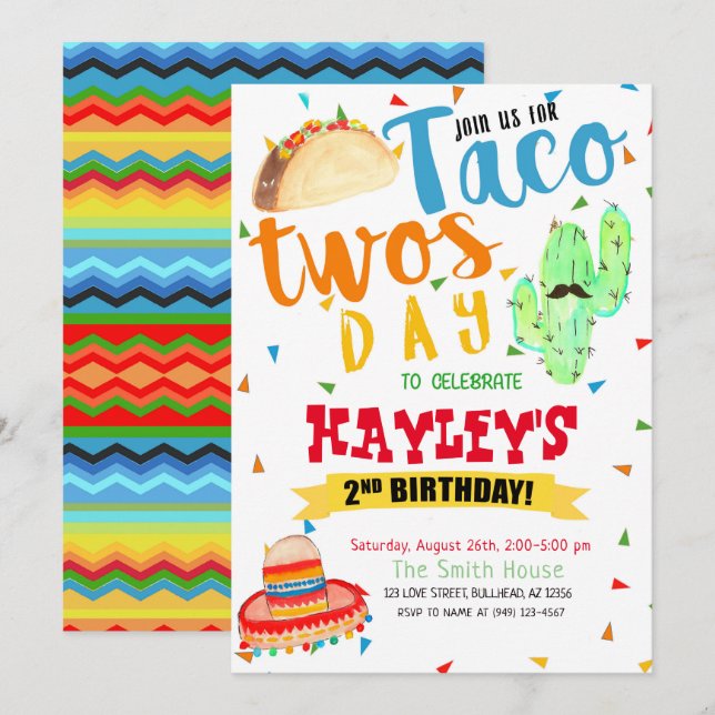 Colorful Fiesta Watercolor Taco Party 2nd Birthday Invitation (Front/Back)