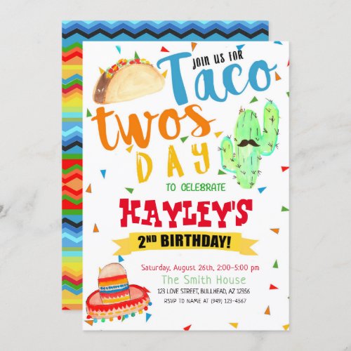 Colorful Fiesta Watercolor Taco Party 2nd Birthday Invitation