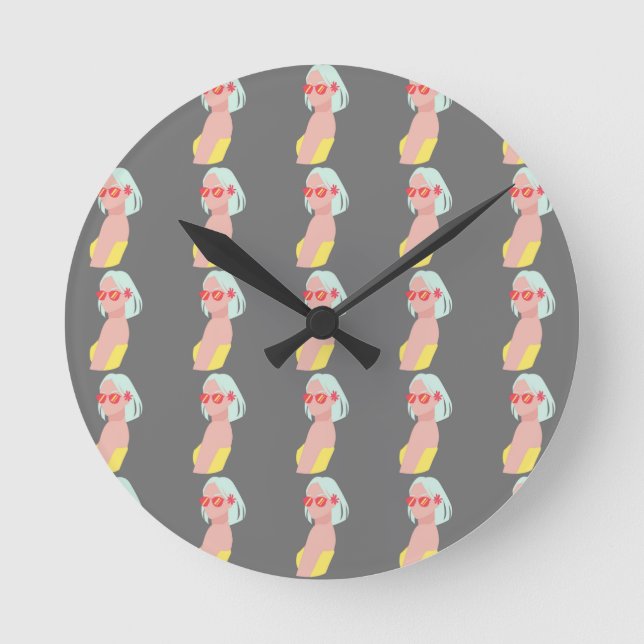 Colorful Figure Pattern on Grey Background Round Clock (Front)