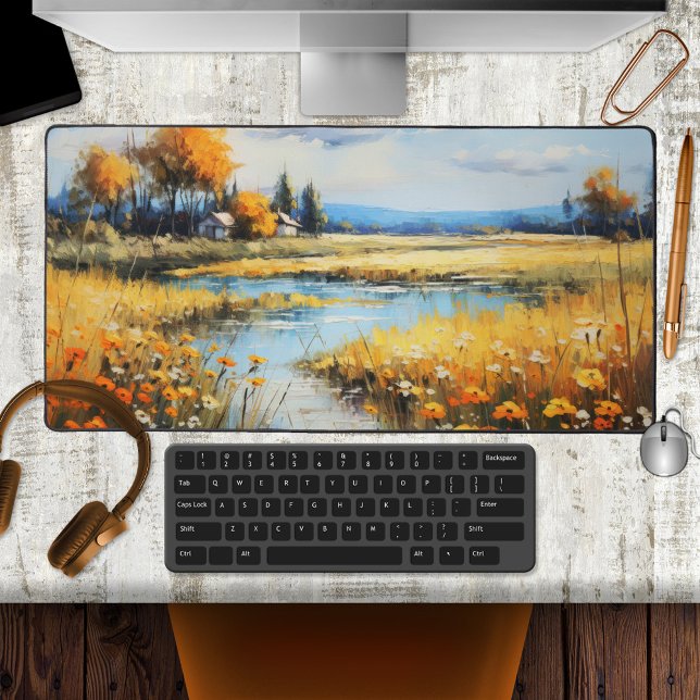 Colorful Fine Art Summer Landscape Desk Mat (Desk mat featuring a colorful painting of a spacious summer landscape with a creek and wildflowers)