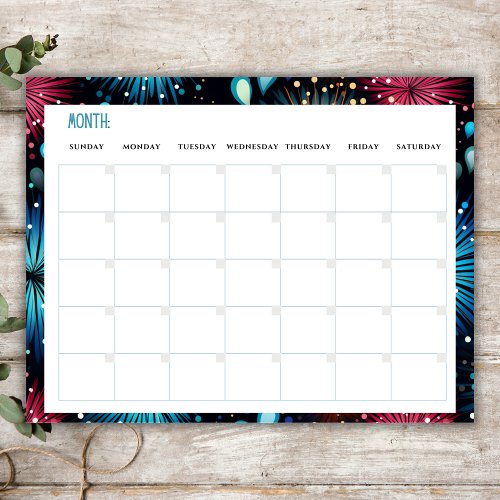 Colorful Fireworks Border Undated Monthly Planner Notepad