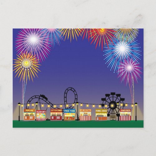 Colorful Fireworks Ferris Wheel Amusement Park Postcard