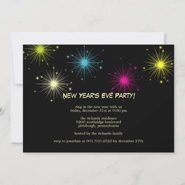 Colorful Fireworks New Year's Eve Party Invitation (Front)