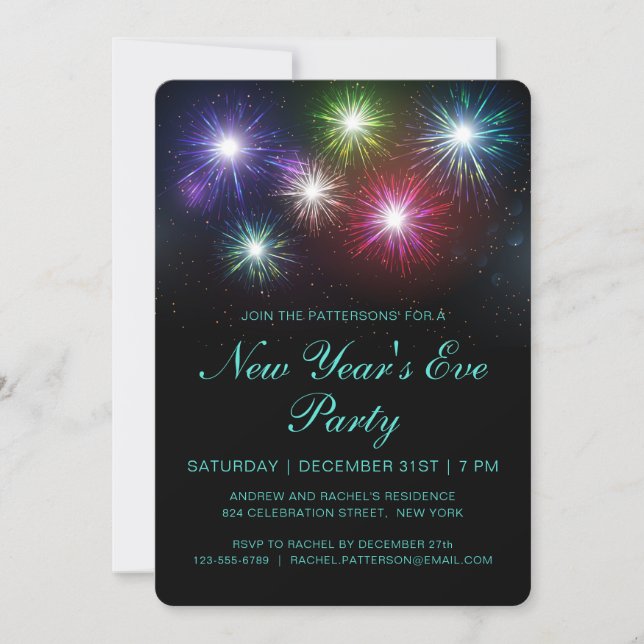 Colorful Fireworks New Year's Eve Party Modern Invitation (Front)
