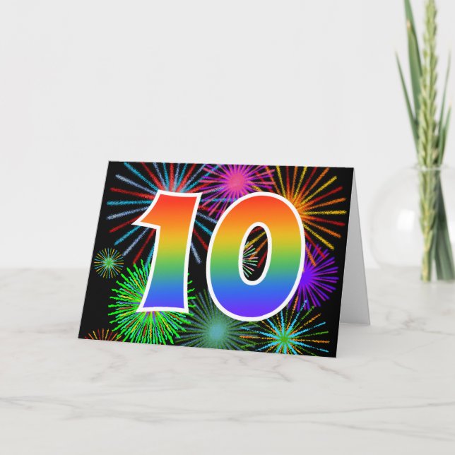 Colorful Fireworks + Rainbow Pattern "10" Event # Card (Front)